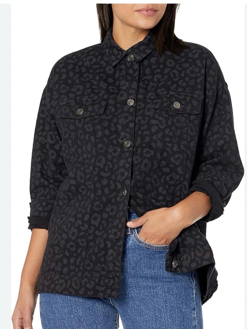 Mud Pie Black Charcoal Leopard Print Jean Jacket